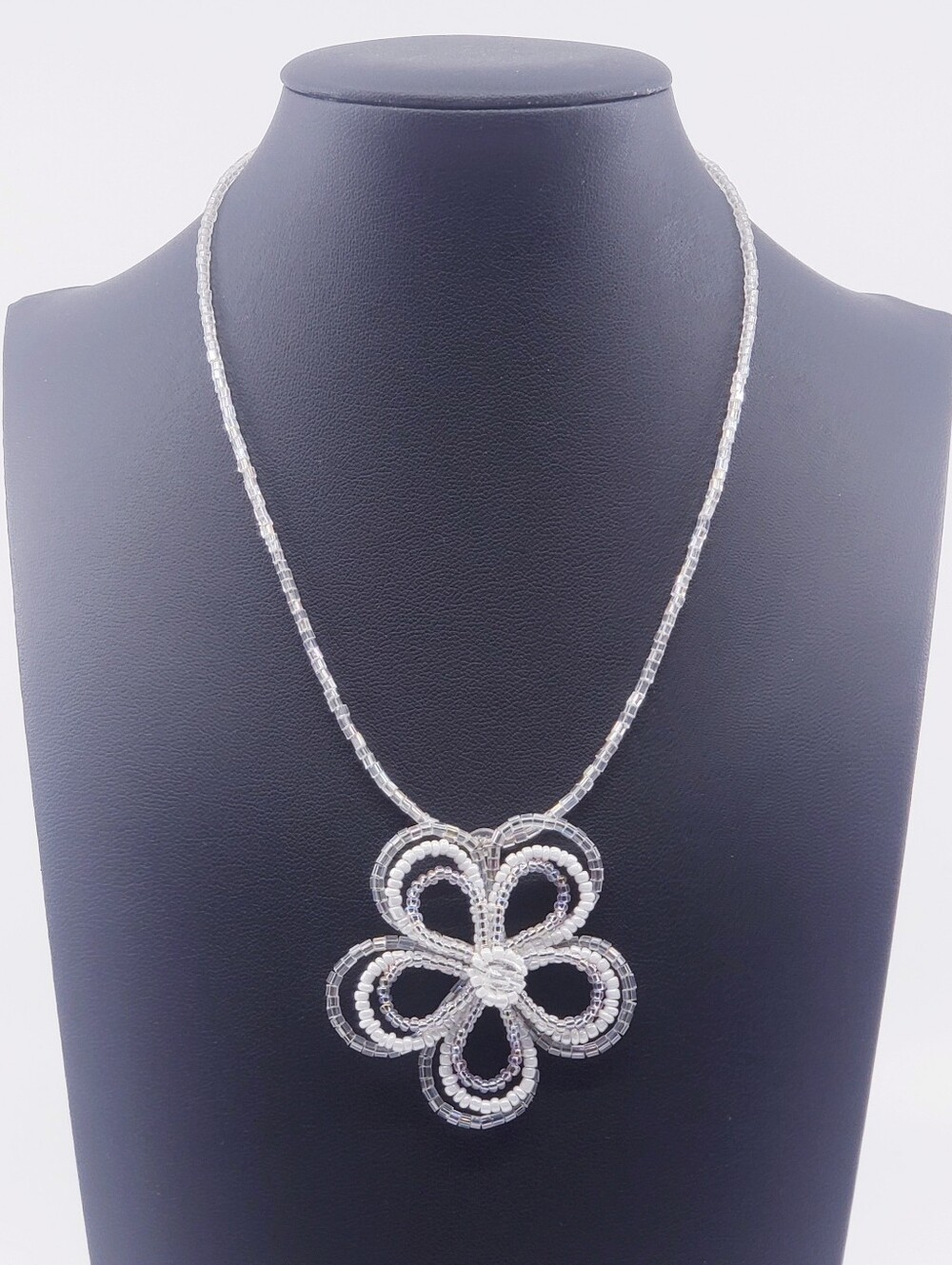 Cute Silver Seed Beaded Flower Pendant Necklace